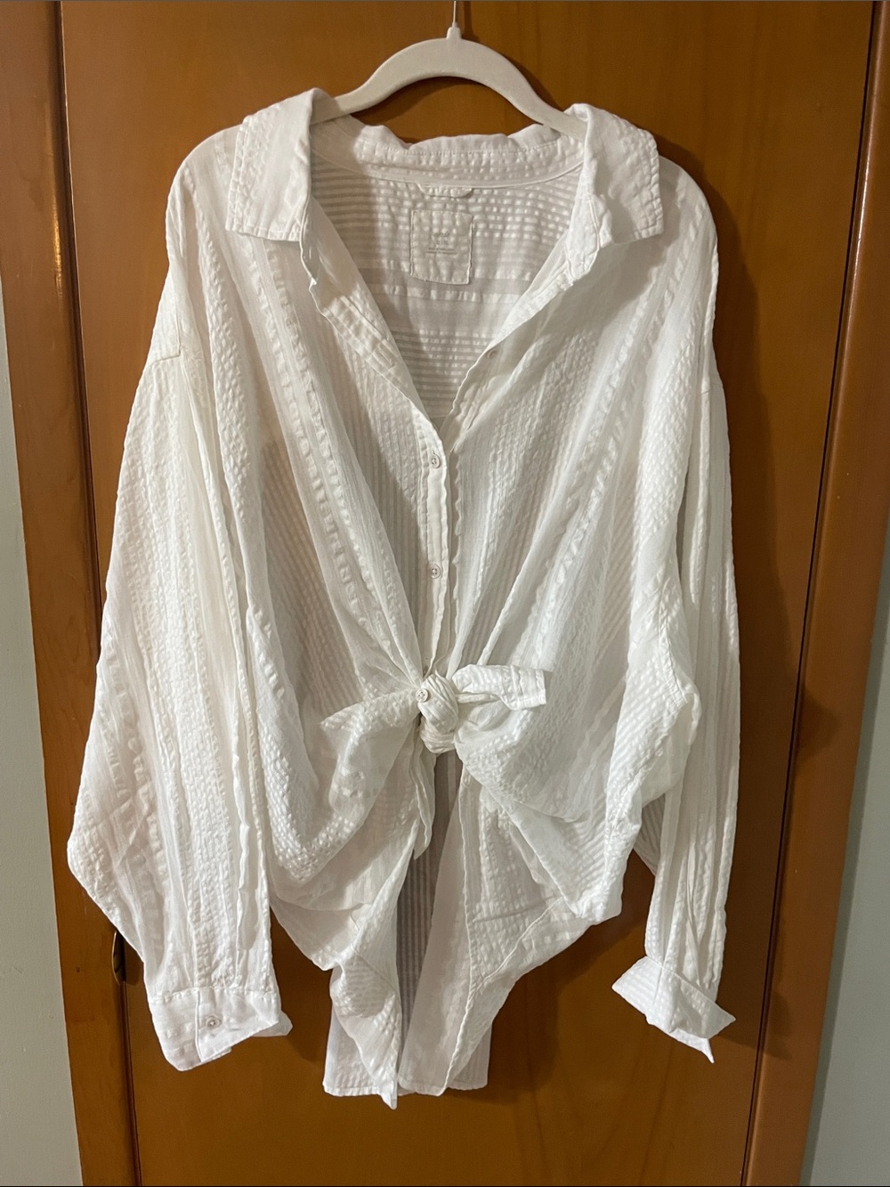 aerie White Textured Button-Front Tie Blouse